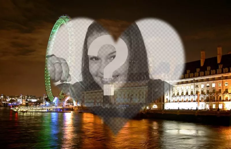 Photomontage of love in London with a London eye and landscape shaped frame heart where you can put your..