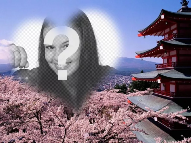 Photomontage in Fuhiyama Japan with almond flowers and a heart-shaped frame to place your..