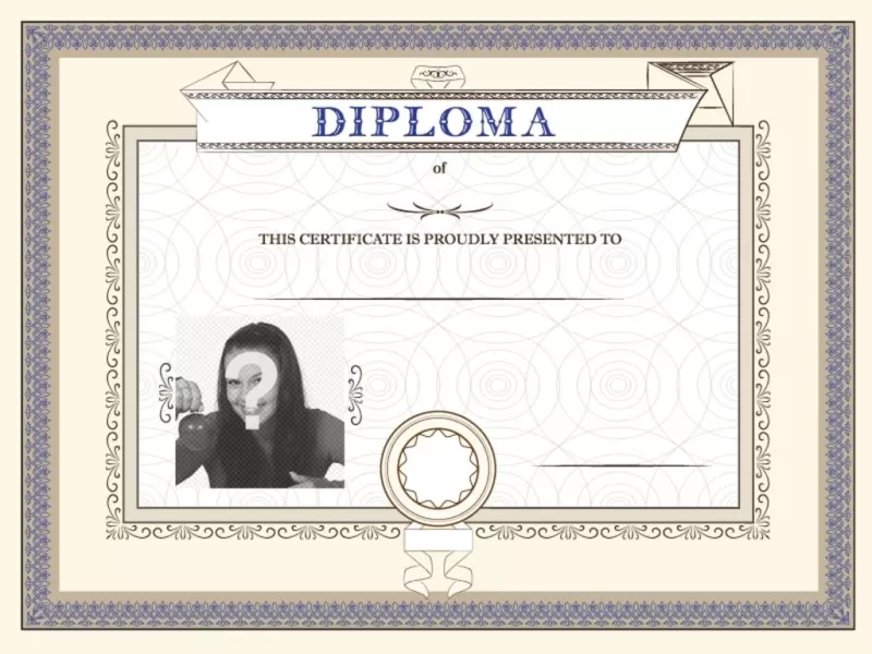Customizable diploma of an achievement, proudly presented to the person you want in which you can place a photo and..