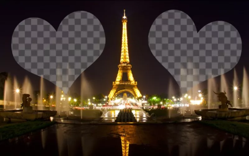 Photomontage with the illuminated Eiffel Tower in Paris and two hearts where to place your..