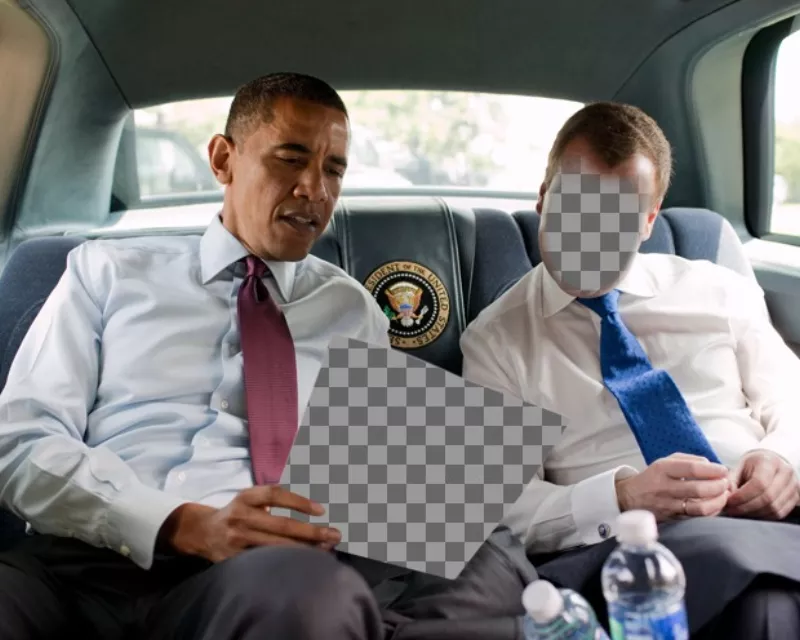 Photomontage with President Obama in his car holding the photo you want and accompanied by another person that you can personalize with your..