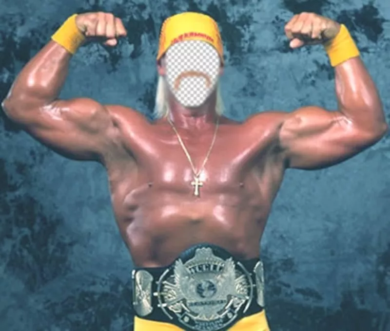 Photomontage to put a face on the body of Hulk Hogan showing its strength. ..