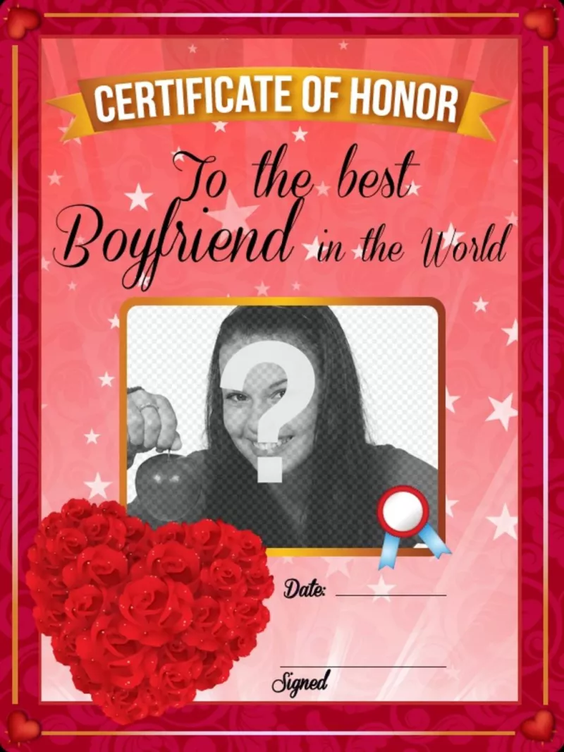 Romantic customizable certificate to the best boyfriend in the world with a heart made of red..