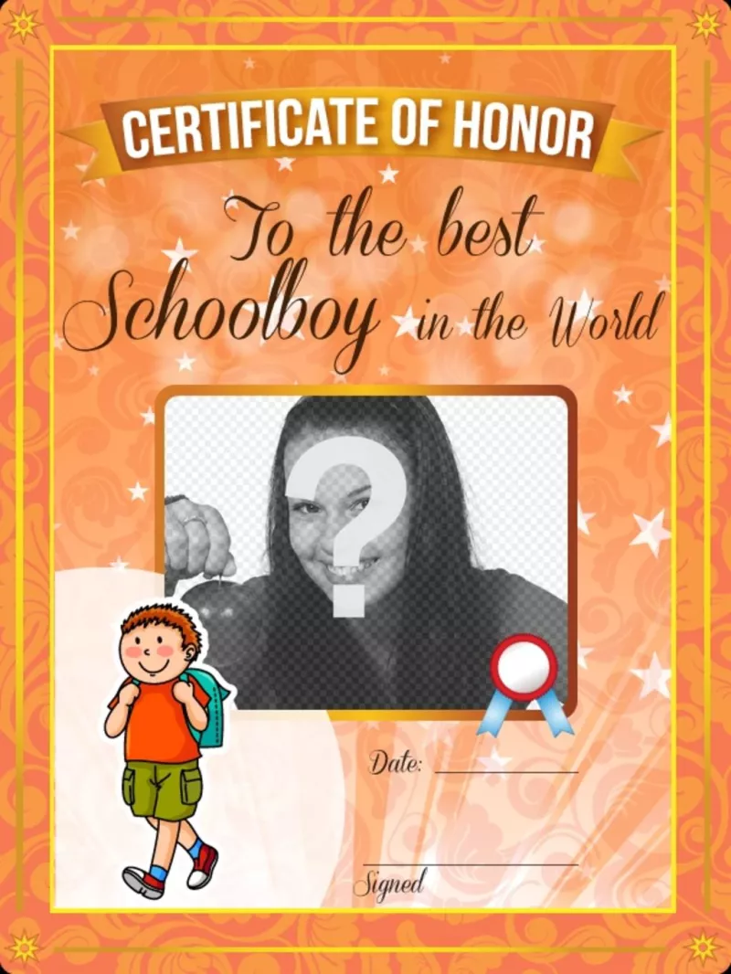 Certificate of honor to the best student in the world to personalize with a photo..