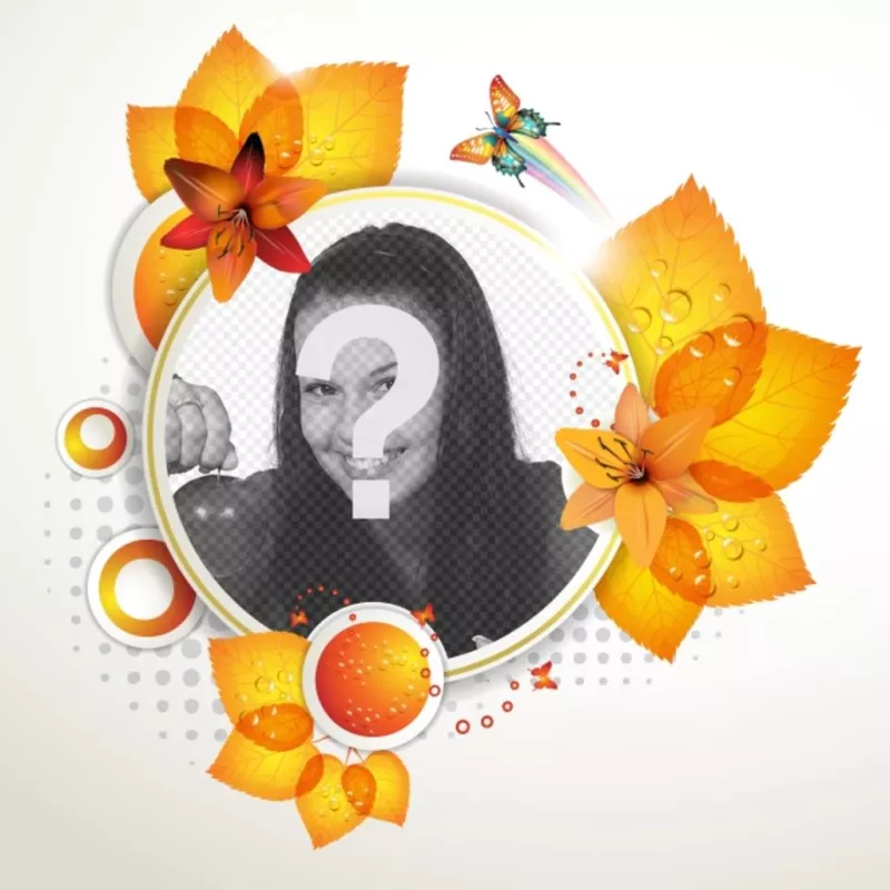 Round picture frame with autumn leaves and..