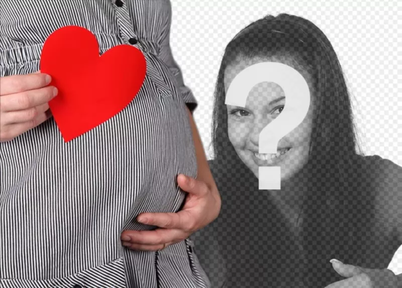 Photomontage with a picture of a pregnant belly with red paper heart in..