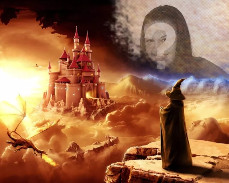Create a collage online in a fantasy world with a magician looking at a castle and a dragon. ..