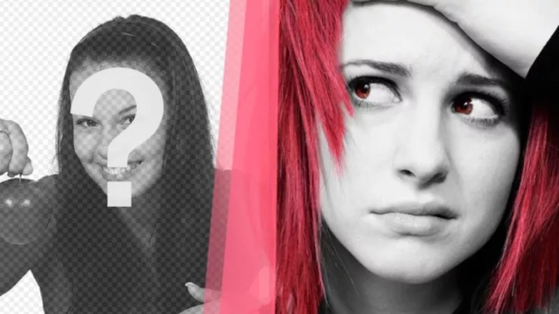 Create a collage with Hayley Williams, singer of Paramore in black and white with fuchsia hair and eyes and a picture of you on the