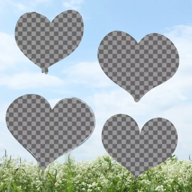 Create a collage of love with hearts with photos of your choice on a background with a photo of a landscape with a blue sky and a field of..