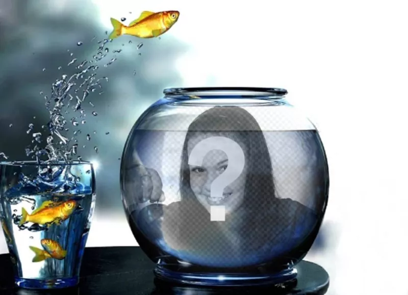 Create a photomontage with a tank full of water with yellow fishes jumping from a glass where you will put a..