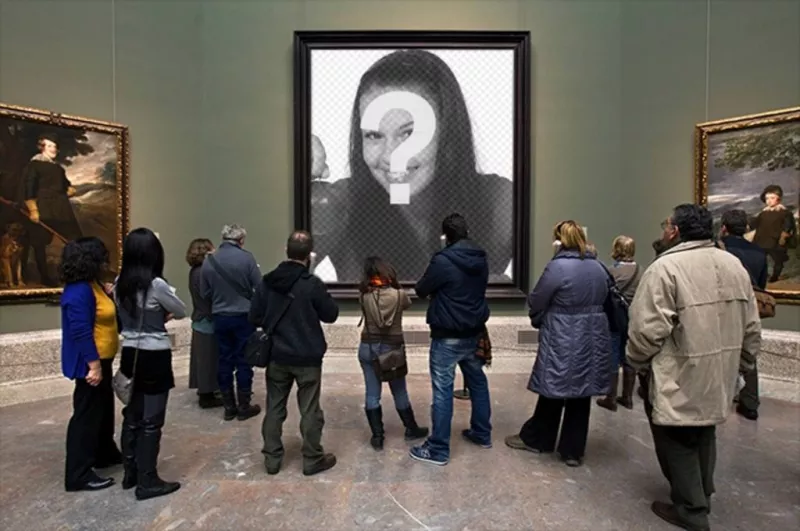 Photomontage in the Museo del Prado with visitors watching a painting to put a picture in the..