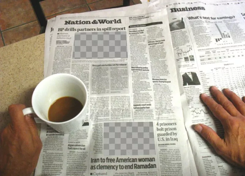 Photomontage with someone reading a newspaper and taking a cup of coffee with two holes to put your pictures and appear in the