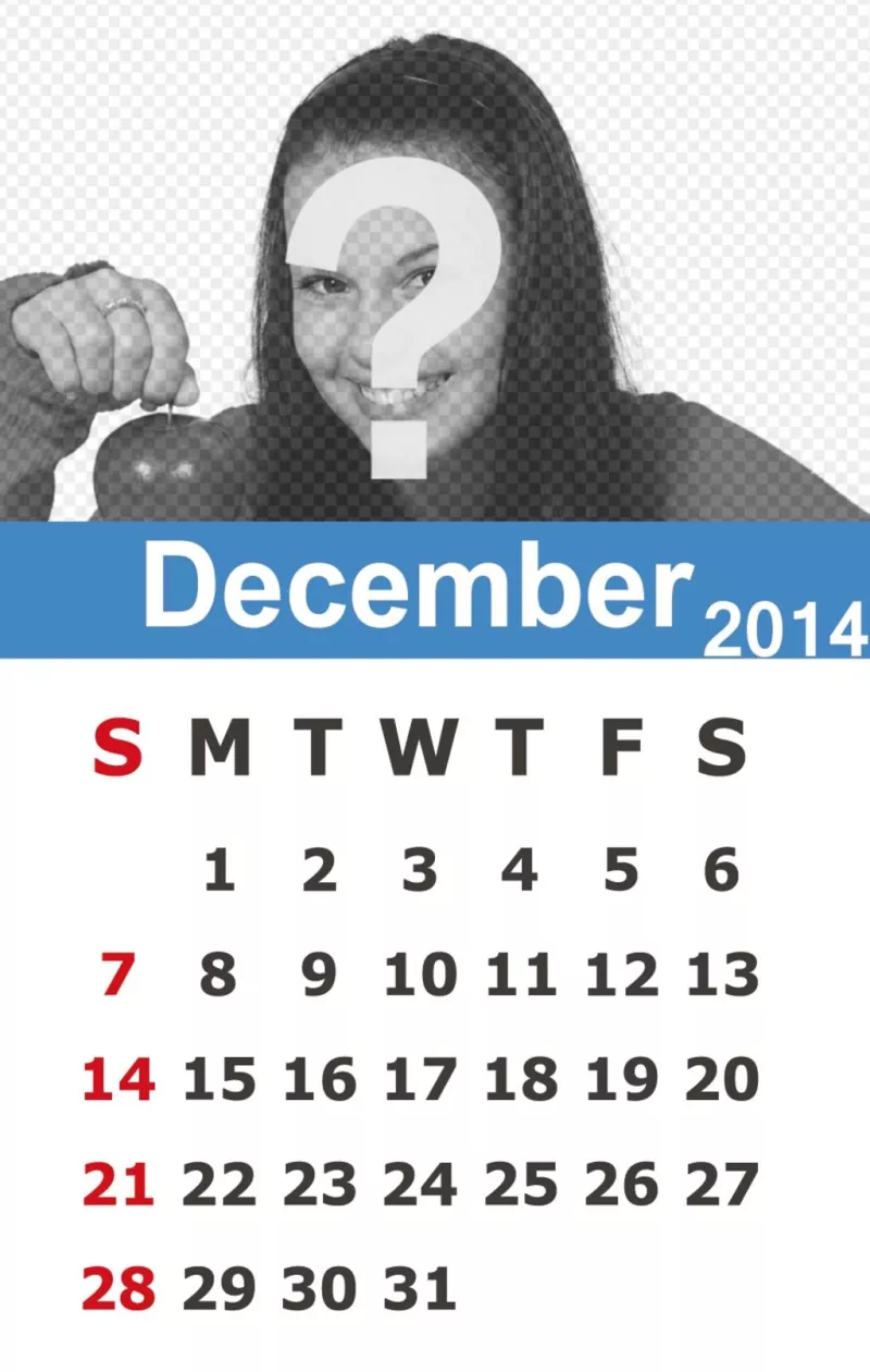 Calendar for December 2014 with a background photo and..