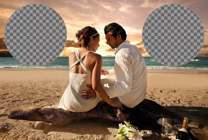 Collage with a romantic beachside couples celebrating their recent wedding. ..