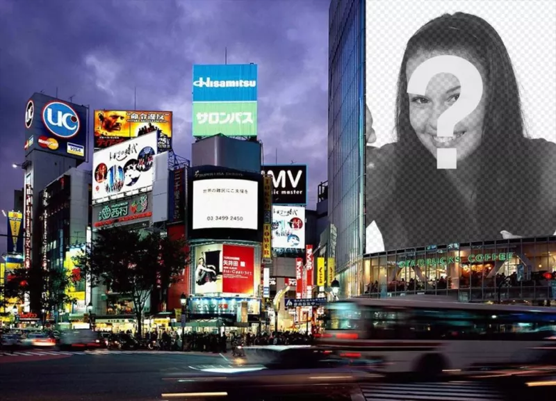 Position your photo as a poster in the metropolis of Tokyo all over a face of a building...