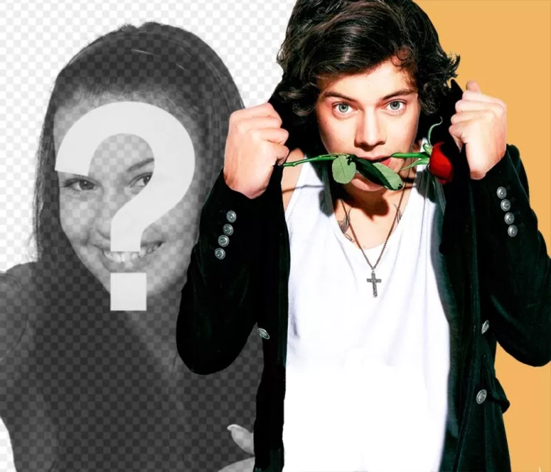 Put yourself next to Harry Styles posing with a rose in his mouth and looking at camera. ..