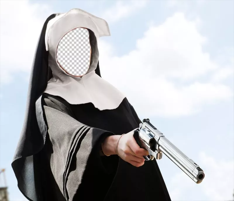 Funny photomontage of a nun with a gun in her hand ..