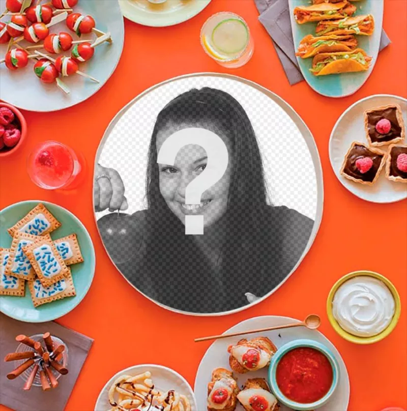 Put your picture on a meal surrounded by more dishes with food. ..