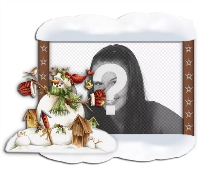Photo frame with snow edge and a snowman. Put your photo in the bacgound online and..