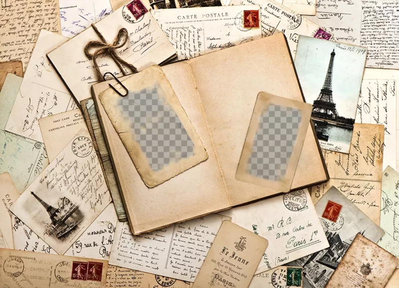 Vintage photo effect of letters and a diary for 2 photos. Add two photos to this vintage photo effect with many letters and a diary. Share this collage with your..