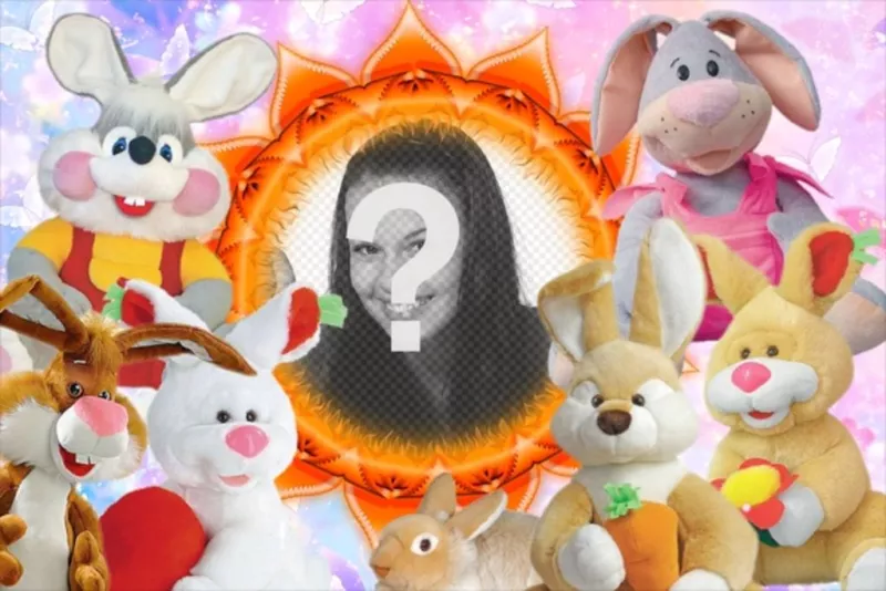 Photo frame surrounded by stuffed animals to put a picture of a..