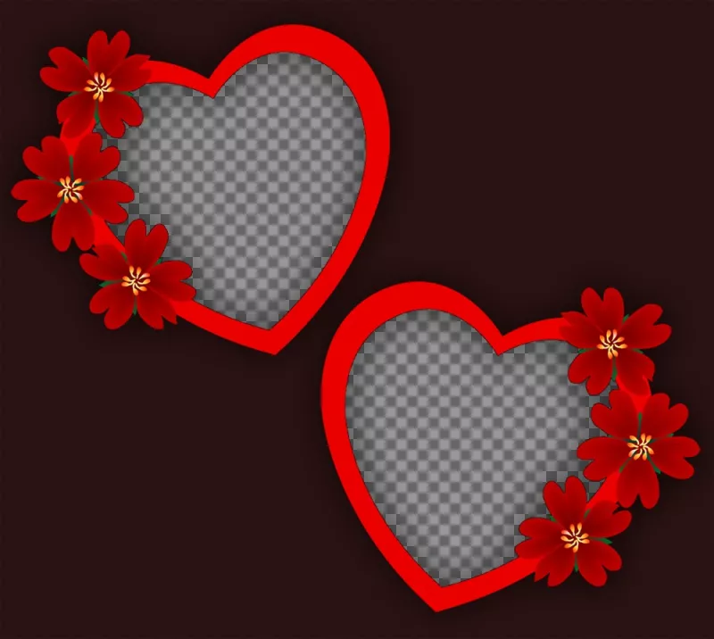 Photomontage of love with two frames of hearts and flowers for two photos ..
