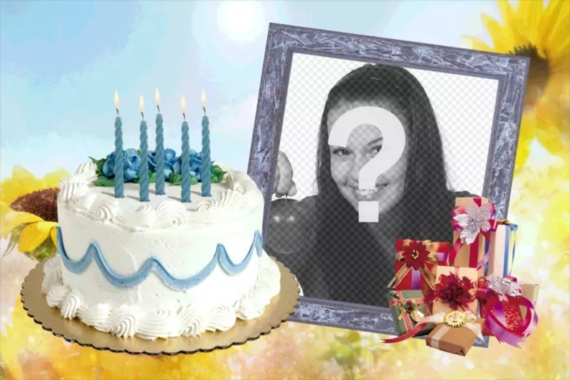 Photo frame with birthday cake and gifts