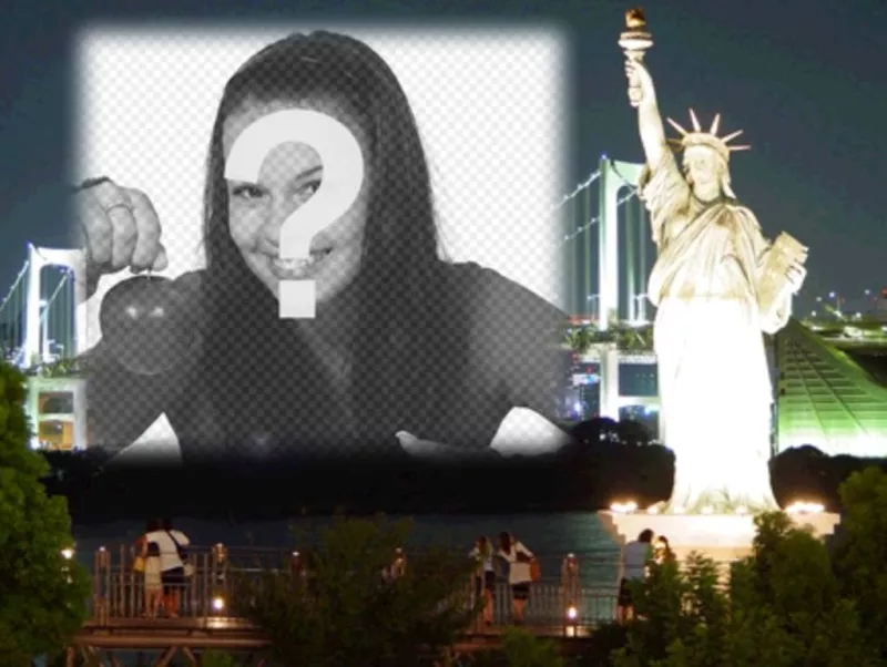 Photomontage to make a personalized card. Your picture with New York at night to the bottom, close to the Statue of..