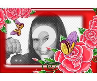 gaudy red frame with roses and buds open we can see two beautiful butterflies in pink and yellow give ur photos feminine touch