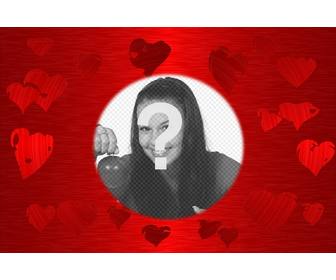 red background with hearts printed in various shades of the same color in the center of which is circle in which frame ur favorite photo