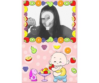baby picture photo frame where u see child eating fruit and frame surrounded by fruit