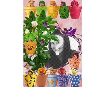 photo frame made up of photographs of adorable babies dressed as animals or colorful wigs hidden in pots