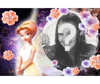 photomontage of orange-haired fairy with flowers and dressed in matching purple background memorandum spherical space and photo frame to include ur photo
