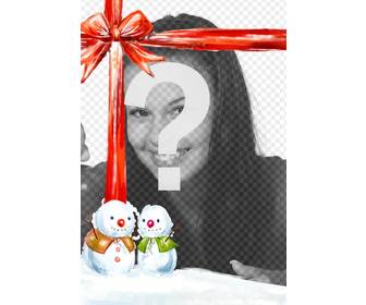 photo montage in which ur photograph appears with nice red ribbon together with two snowmen