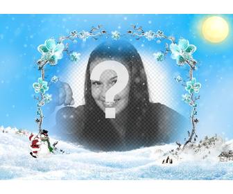 template  picture frame of snowy landscape with photo frame from branches of frost flowers in which to insert photo especially for christmas