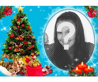 ur photo in circular frame next to christmas tree full of gifts and behind three candles drawn blue background with glitter effects