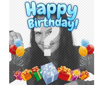 photomontage to make ur photograph birthday card the composition u happy birthday in blue the card is decorated with colorful balloons and gifts