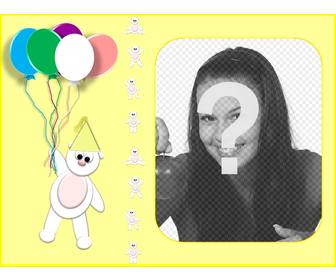 yellow birthday card personalized with ur photo with teddy bear and balloons