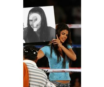 in this montage beautiful girl with blue shirt smiling while holding ur photo as poster at the break of boxing match as announcing the next fighter