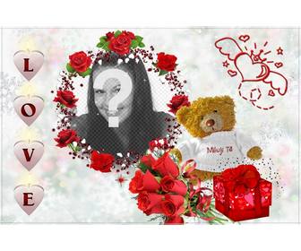 photo frame with the word love in the form of teddy bear with pink hearts