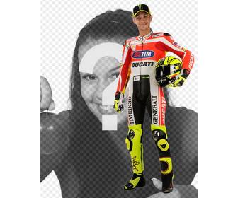 photomontage with valentino rossi moto gp runner in his ducati uniform and helmet under his arm appear next to the famous biker now in yamaha and add text in the image for free