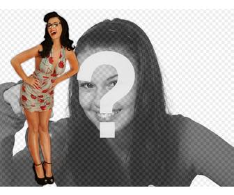 photomontage with the singer katy perry with glasses and sexy posing in pinup style dress with cherries