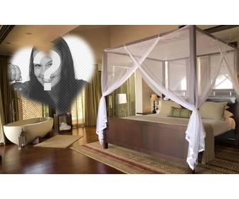photomontage on romantic hotel with lovely bed and bath in the room and heart shaped frame to put ur photo