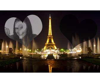photomontage with the illuminated eiffel tower in paris and two hearts where to place ur photos