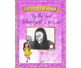 certificate to personalize with photo to the best student in the world with purple frame