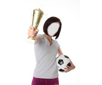 photomontage with girl football player holding trophy and soccer ball
