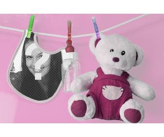 photomontage with bib and stuffed soito to put picture of ur newborn baby girl with pink background