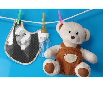 collage with bib and teddy bear where u can place picture of new born on blue background