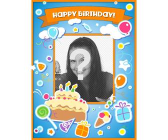 birthday card to congratulate the birthday and put picture online with cake balloons and gifts with sticker effect