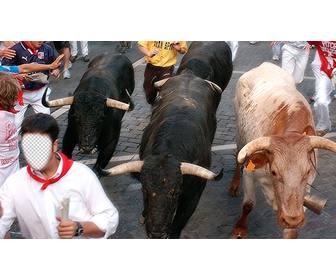 create photomontage running with san fermin bulls following u in pamplona and add text